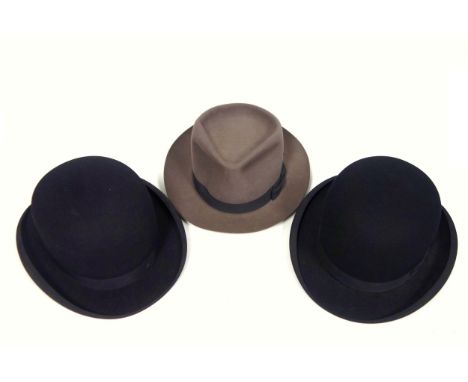 Dunn &amp; Co. bowler hat, size 7; "The Polo" trilby hat, "Ever-So-Light" hat, size 7.5; 2 hat boxes and 2 embroidered christ