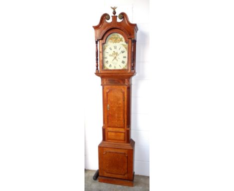 George IV longcase clock with a floral painted arch dial inscribed "Josh Whiston, Newport", black Roman Numerals and calendar