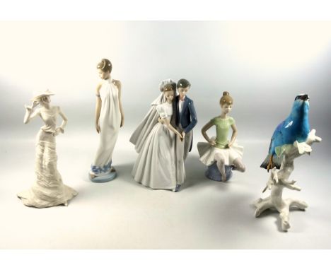 Lladro figure of a seated ballerina, H.22.5cm; Nao group of a bride and groom, H.26cm; Nao lady, Coalport lady, and a Karl En