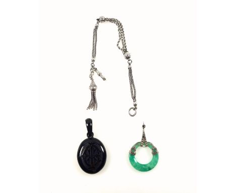 Late Victorian silver albert as a bracelet, with tassel, 13.6grs; jet oval memorial locket with hair and suspender, H.5.5cm o