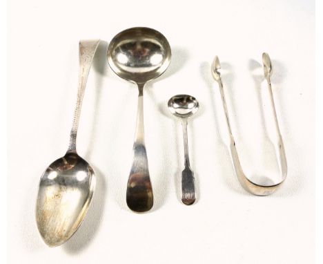 George III silver Bright-Cut Old English pattern tablespoon, London, 1793; George IV salt spoon, pair of William IV sugar ton