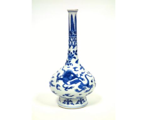 Chinese Kangxi period blue and white porcelain vase of globe and shaft form decorated with flowers and four-claw dragons chas