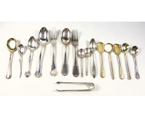 French white metal table fork and spoon, cased; another table fork and spoon, 3 spoons, pair of tongs, russian spoon, 1894, a