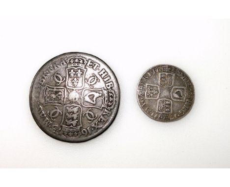 George II crown, 1673, fair; Anne shilling, 1711, a. fine; other coins, 2 medals, £5 notes, L K O'Brien, H55, 72, 83, and J19