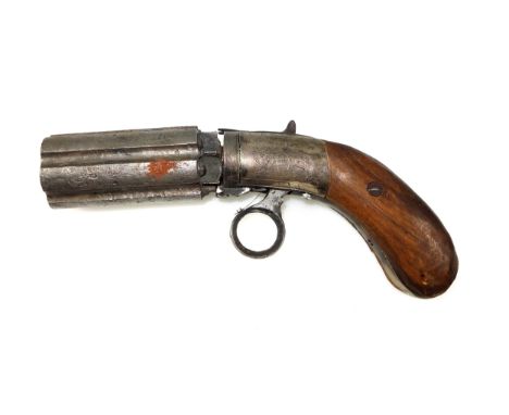 Victorian J R Cooper’s Patent six shot percussion pepperbox revolver, the 3in. barrel bearing Birmingham proof mark, engraved