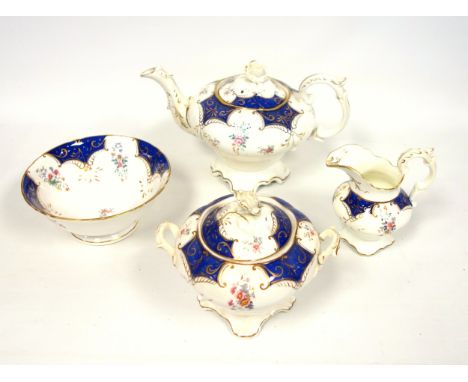 Victorian part tea service with floral, gilt, and blue enamel decoration, comprising teapot 16 x 28cm; milk jug, H.13cm; twin