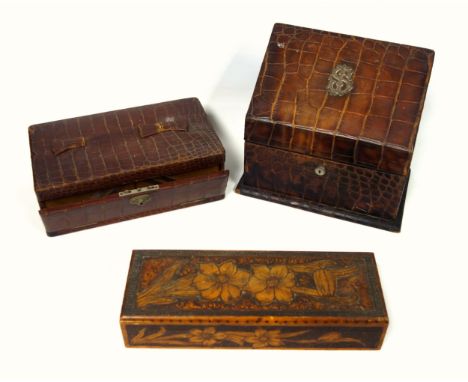 Edwardian crocodile stationery box, the hinged sloping cover with silver mounted monogram "I S", (a/f), by A Barrett &amp; So