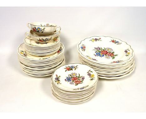 Copeland Spode "Spring Time" pattern part dinner service, comprising 11 consomme cups, (one chipped), with 10 saucers; 10 din