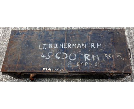 Tin trunk, W.106.5cm, belonging to the Late LT. Col. Benjamin John Herman LVO RM, 45 Commandos, (1934-2022), containing 4 shi