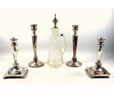 Pair of silver plated 3 light candelabra, each on a tapering column, circular base, H.40cm; pair of 3 light candelabra, each 