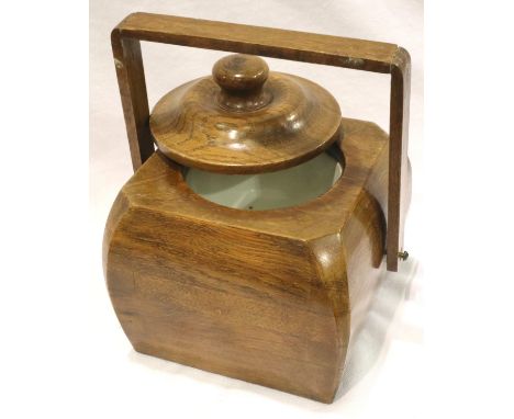 Oak swing handled biscuit barrel with ceramic liner, H: 18 cm. P&amp;P Group 2 (£18+VAT for the first lot and £3+VAT for subs