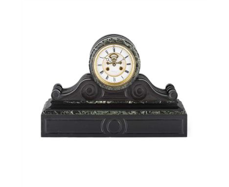 VICTORIAN SLATE AND MARBLE MANTEL CLOCK 19TH CENTURY with a circular white enamel dial with Roman numerals, signed W. MARSHAL