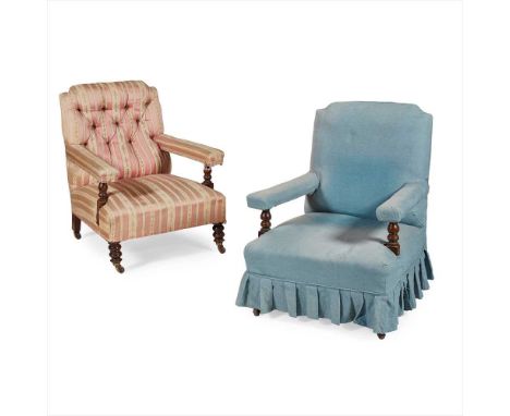 PAIR OF VICTORIAN UPHOLSTERED OPEN ARMCHAIRS LATE 19TH CENTURY the square button upholstered backs above deep seats and padde