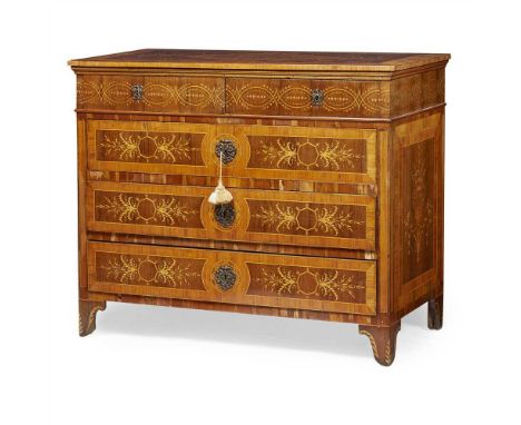 NORTH ITALIAN WALNUT MARQUETRY COMMODE LATE 18TH CENTURY the rectangular top above a pair of short frieze drawers over three 