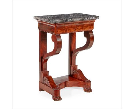 LOUIS PHILLIPE MAHOGANY MARBLE TOPPED CONSOLE TABLE 2ND QUARTER 19TH CENTURY of small size, the veined grey marble top with r