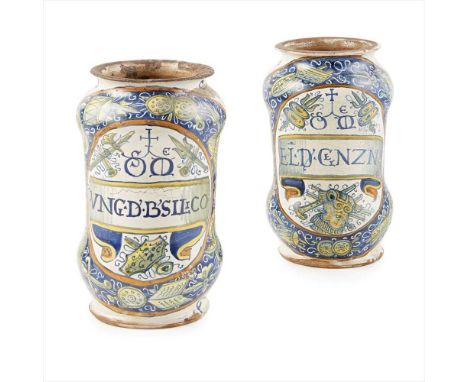 PAIR OF UNRECORDED ITALIAN MAIOLICA ALBARELLOS, FROM A SET OF PHARMACY JARS BY ANDREA DI MARCO DI the cylindrical bodies with