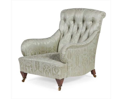 HOWARD &amp; SONS STYLE EASY ARMCHAIR EARLY 20TH CENTURY the button-upholstered scroll back and downswept scroll arms above a