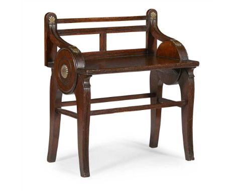 OAK AND BRASS BENCH, ATTRIBUTED TO JAMES SHOOLBRED LATE 19TH CENTURY with a low back with straight backrails above a plank se