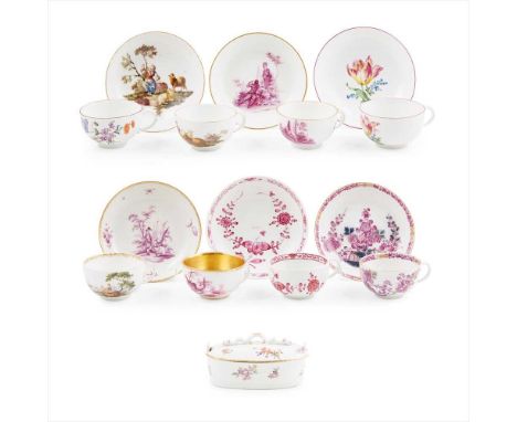 STUDY GROUP OF MEISSEN PORCELAIN 18TH AND 19TH CENTURY all with underglaze blue crossed swords marks, comprising six teacups 
