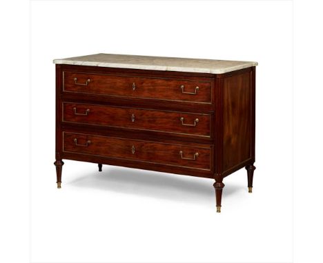 FRENCH DIRECTOIRE MAHOGANY MARBLE TOPPED COMMODE LATE 18TH CENTURY the rectangular white marble top with rounded forecorners 