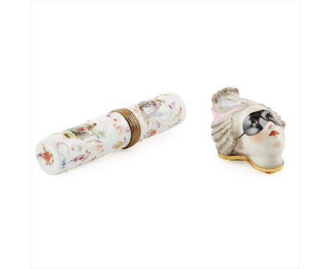CONTINENTAL PORCELAIN PATCH BOX AND SEALING WAX CASE 19TH CENTURY comprising a Continental patch box, in the form of a masked