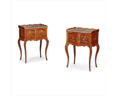 Y PAIR OF FRENCH ROSEWOOD AND MARQUETRY MARBLE-TOPPED COMMODES LATE 19TH CENTURY the serpentine breche marble tops with three