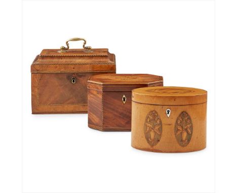 Y THREE GEORGIAN TEA CADDIES LATE 18TH/ EARLY 19TH CENTURY comprising an oval fruitwood caddy with inlaid shell paterae and f