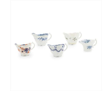 FIVE ENGLISH PORCELAIN 'CHELSEA LOW EWER' CREAMBOATS 18TH CENTURY all with moulded bodies, comprising three blue and white ex