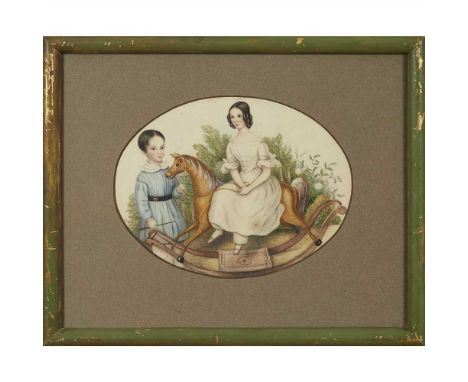 AMERICAN NAIVE SCHOOL, 19TH CENTURY PORTRAIT OF JANE AND WILLIAM MCCONNELL watercolour on paper, the girl seated on a rocking