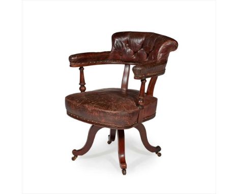 VICTORIAN MAHOGANY AND LEATHER DESK CHAIR LATE 19TH CENTURY the button upholstered back and arms above a curved pivoting seat