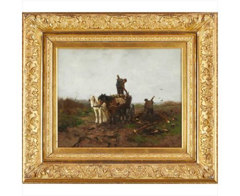 § Johan Frederick Scherrewitz (Dutch 1886-1951) Gathering logs Signed, oil on canvas (Dimensions: 41cm x 51cm (16in x 20in))(