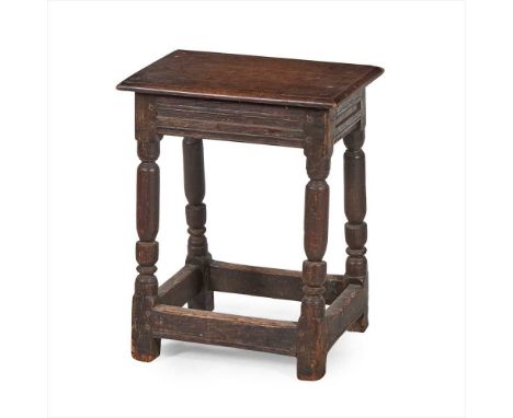 OAK JOINED STOOL 17TH CENTURY rectangular top above a channel moulded seat rail, on bobbin turned legs joined by peripheral s