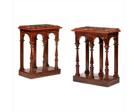 Y FINE PAIR OF REGENCY ROSEWOOD MARBLE TOP CONSOLE TABLES EARLY 19TH CENTURY of small size, the later rectangular inset marbl