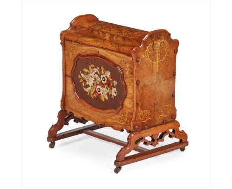 VICTORIAN WALNUT, INLAY, AND NEEDLEWORK CANTERBURY 19TH CENTURY the hinged top opening to a divided interior, the sides with 
