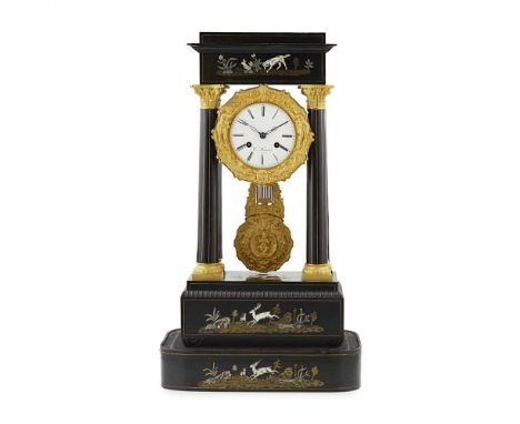 Y FRENCH BRASS, WHITE METAL AND IVORY INLAID EBONISED PORTICO CLOCK 19TH CENTURY the stepped cornice over a white enamel dial