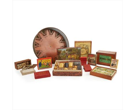 COLLECTION OF VICTORIAN AND EDWARDIAN PARLOUR GAMES LATE 19TH/ EARLY 20TH CENTURY comprising a games board for CANNONADE, wit