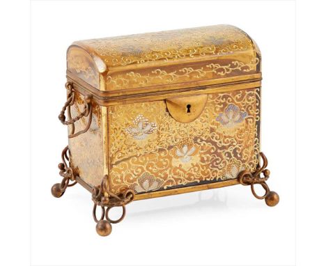 ENAMELLED AMBER GLASS CASKET, PROBABLY MOSER 19TH CENTURY of rectangular domed form with gilt brass handles, the hinged lid o