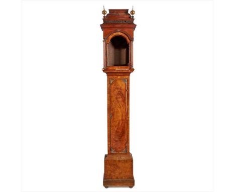 GEORGE I WALNUT LONGCASE CLOCK CASE EARLY 18TH CENTURY AND LATER the caddy moulded hood with brass finials above an arch moul