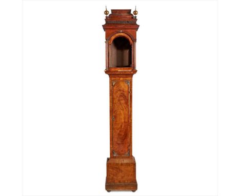 GEORGE I WALNUT LONGCASE CLOCK CASE EARLY 18TH CENTURY AND LATER the caddy moulded hood with brass finials above an arch moul