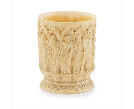 Y FRENCH CARVED IVORY VESSEL 19TH CENTURY, IN THE 17TH CENTURY STYLE the hollow carved tusk depicting the twelve Apostles on 