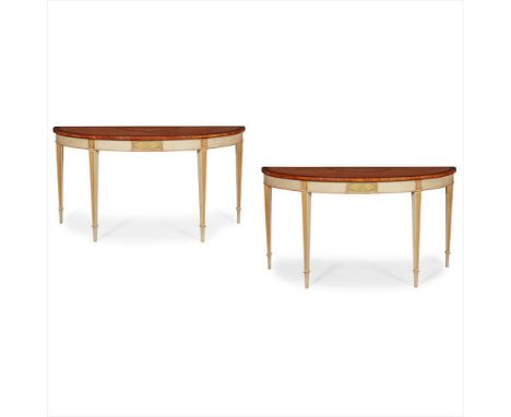 PAIR OF GEORGE III STYLE SATINWOOD, PARTRIDGEWOOD, PAINTED, AND PARCEL GILT CONSOLE TABLES TOPS the shallow crossbanded demil