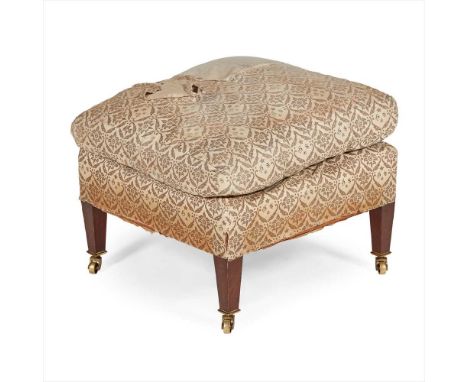 HOWARD &amp; SONS FOOTSTOOL LATE 19TH/ EARLY 20TH CENTURY the square attached cushion top and base covered in monogram print 