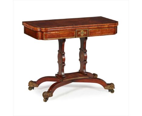 Y REGENCY ROSEWOOD, COROMANDEL AND BRASS INLAID CARD TABLE EARLY 19TH CENTURY the rectangular crossbanded fold-over top with 