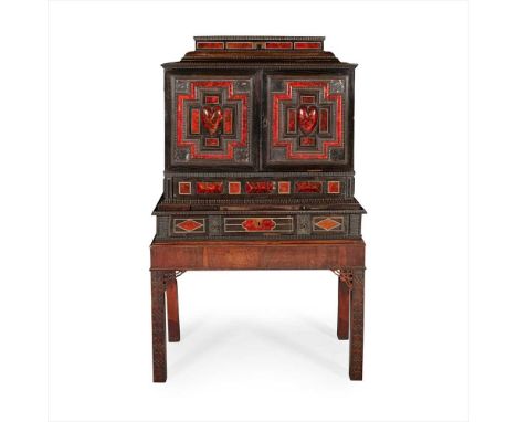 Y FLEMISH RED TORTOISESHELL, EBONY, IVORY INLAID AND SILVERED AND GILT METAL MOUNTED CABINET AND the raised hinged top openin