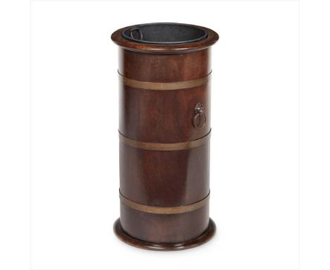 BRASS BANDED MAHOGANY STICK STAND LATE 19TH CENTURY of cylindrical form with a metal liner and applied lion-ring handles (Dim