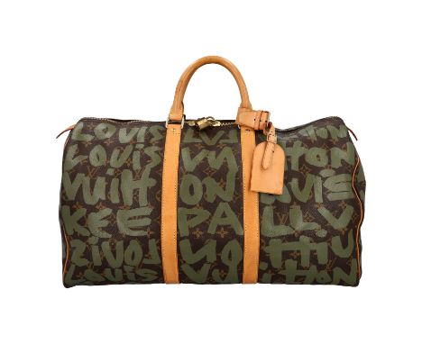 LOUIS VUITTON Weekender "STEPHEN SPROUSE - KEEPALL 50", Koll. 2001. Monogram Graffiti (Brown/Khaki) Serie in Dunkelgrün auf k