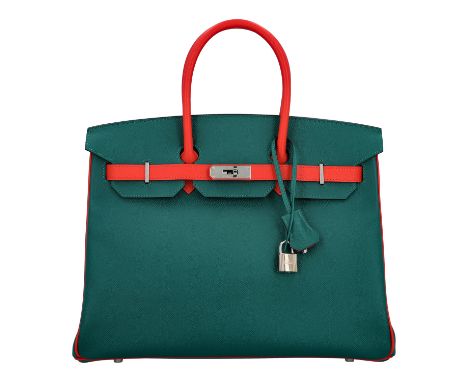 HERMÈS Handtasche "BIRKIN BAG 35", Koll. 2017. Sonderanfertigung (Hufeisen-Prägung). Epsom Leder in Tannengrün und Hellrot mi