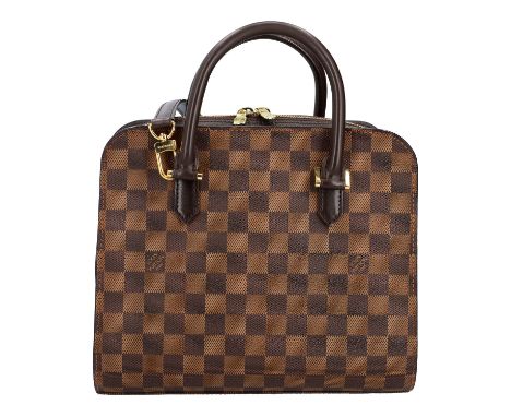 LOUIS VUITTON VINTAGE Handtasche "TRIANA", Koll. 1998. Damier Ebene Serie mit dunkelbraunem Leder und goldfarbener Hardware. 