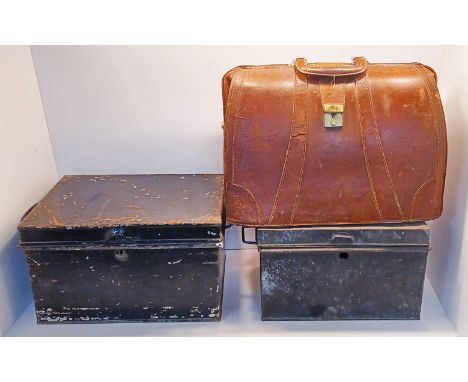 2 METAL TRUNKS &amp; A VINTAGE LEATHER BRIEFCASE