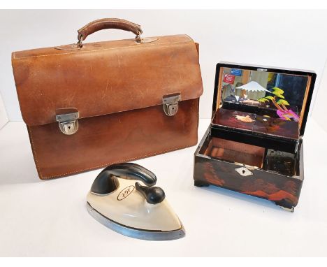 A VINTAGE ANTLER LEATHER BRIEFCASE, AGA IRON &amp; A JAPANESE JEWELLERY BOX